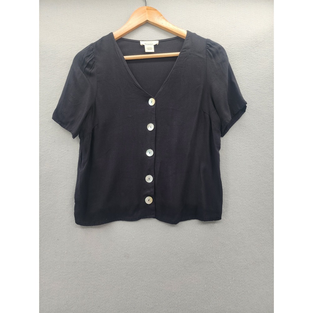 Urban Romantics Black Rayon Button Down V-Neck Short Sleeve Puff Shoulder Top S